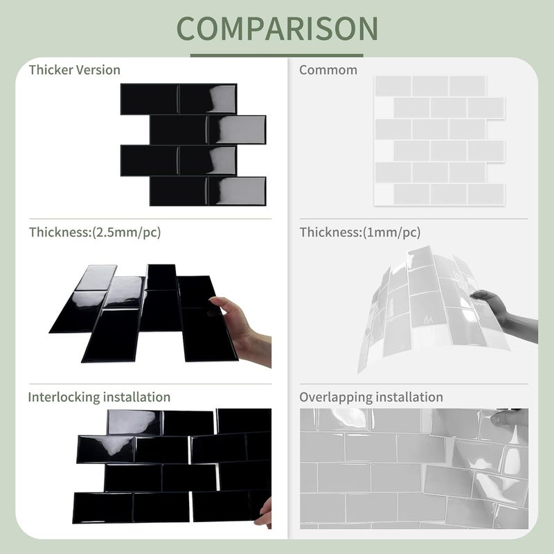MOONFUN 10-Sheet Thick Peel and Stick Kitchen Backsplash Tiles, 3D Subway Waterproof Self-Adhesive Wall Tile Stick on Backsplash for Kitchen and Bathroom(Black,12.6"×10.6") - Image 4